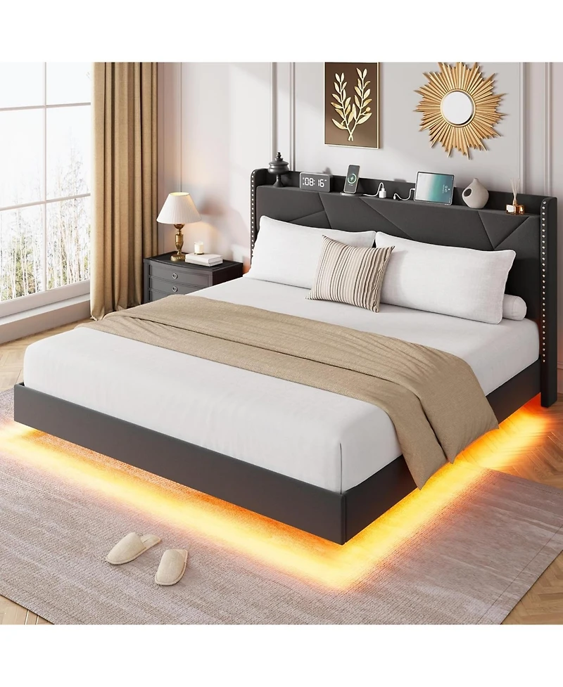 gaomon King Floating Bed Frame with Rgb Led Lights & Charging Station Upholstered Platform Storage Headboard Button Tufted Design No Box Spring