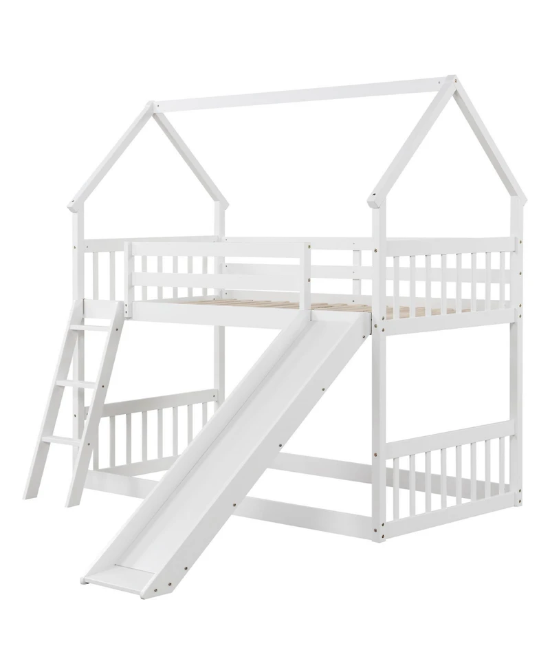 Gymax Twin Over Twin House Bunk Bed w/ Slide Solid Wood Low Bunk Bed for Kids