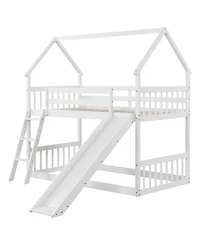 Gymax Twin Over Twin House Bunk Bed w/ Slide Solid Wood Low Bunk Bed for Kids