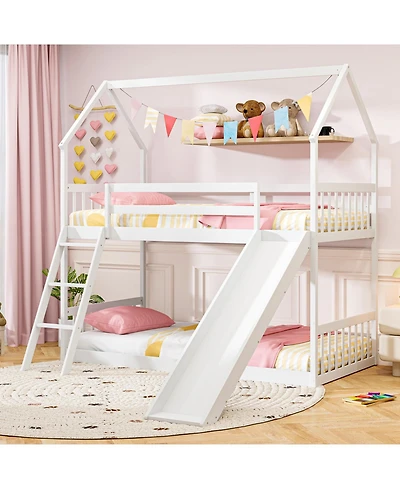 Gymax Twin Over Twin House Bunk Bed w/ Slide Solid Wood Low Bunk Bed for Kids