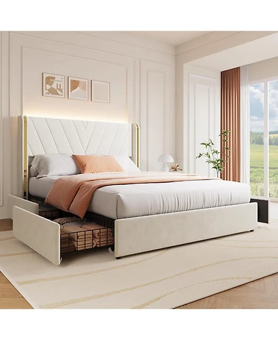 Upholstered Led Bed Frame with 4 Storage Drawers, Rgb Led Lights, Velvet Platform Bed Frame with Wingback Headboard, No Box Spring Needed