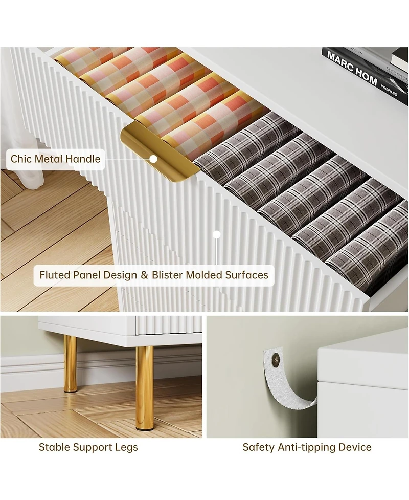 gaomon 3-Drawer Modern White Dresser, 30" Tall, Fluted Chest with Gold Handles, Anti-Tip Device, Bedroom, Living Room, Kids Room