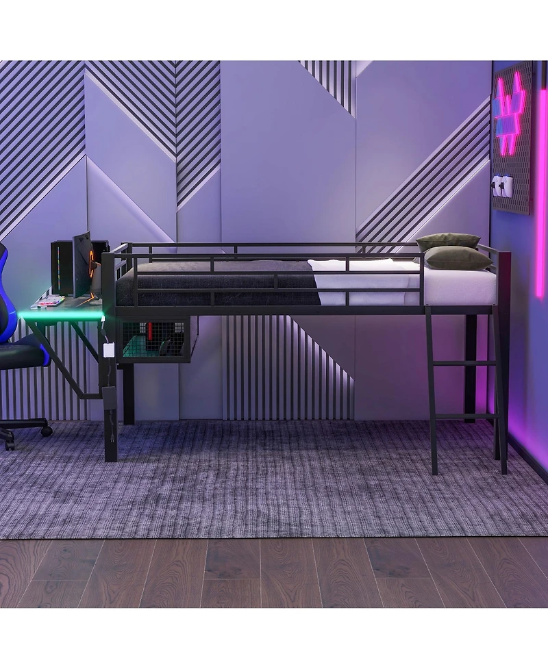 Flynama Black Metal Twin Size Gaming Mid Loft Bed with BuiltIn Desk and MultiColor Led Lighting Space Saving Furniture for Kids and Teens Bedrooms