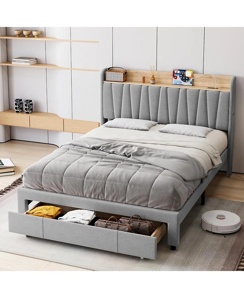 gaomon Upholstered Bed Frame with Storage Headboard, Drawer, Charging Station, Linen Platform