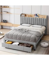 gaomon Upholstered Bed Frame with Storage Headboard, Drawer, Charging Station, Linen Platform