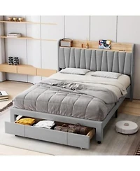 Gaomon Upholstered Bed Frame With Storage Headboard Drawer Charging Station Linen Platform