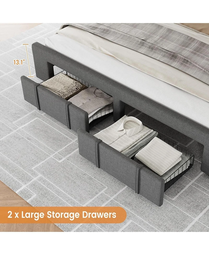 Gaomon Upholstered Platform Bed Frame with 2 Storage Drawers, Solid Wood Slats, No Box Spring Needed