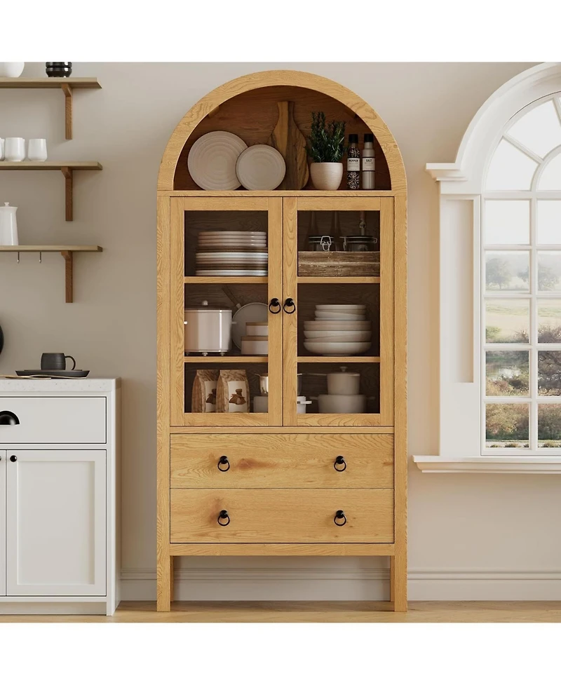 Gaomon 71" Arched Farmhouse Pantry Cabinet with Glass Doors, 2 Drawers & Adjustable Shelves, Display Hutch for Kitchen Dining Living Room