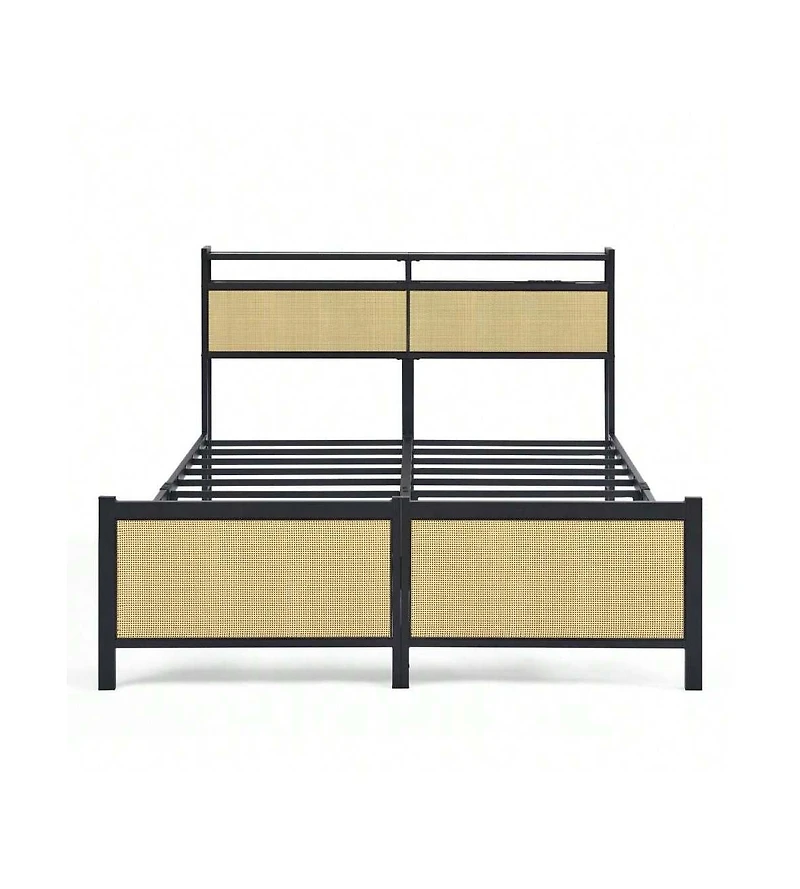 gaomon Full Size/Queen Size Bed Frame with Rattan Headboard, Metal Platform Bed with Led Light Usb Charging Port
