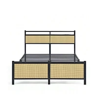 gaomon Full Size/Queen Size Bed Frame with Rattan Headboard, Metal Platform Bed with Led Light Usb Charging Port