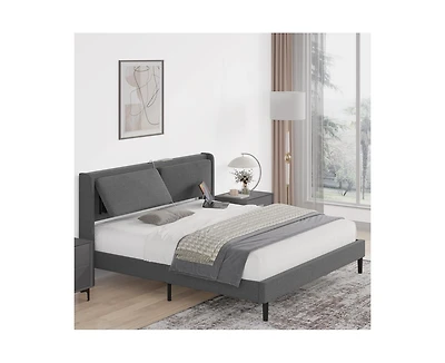 gaomon Queen Bed Frame with Usb Ports, Platform Bed Frame with Linen Fabric Adjustable Headboard