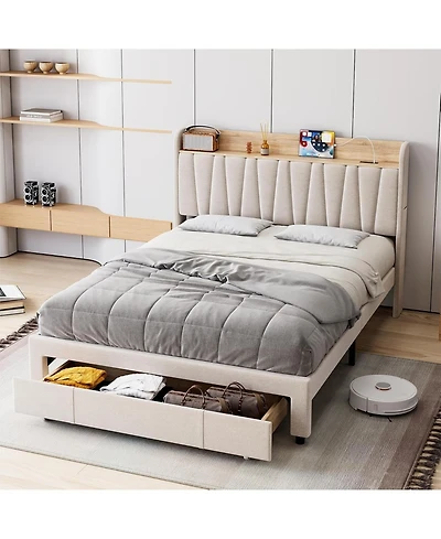 gaomon Upholstered Bed Frame with Storage Headboard, Drawer, Charging Station, Linen Platform