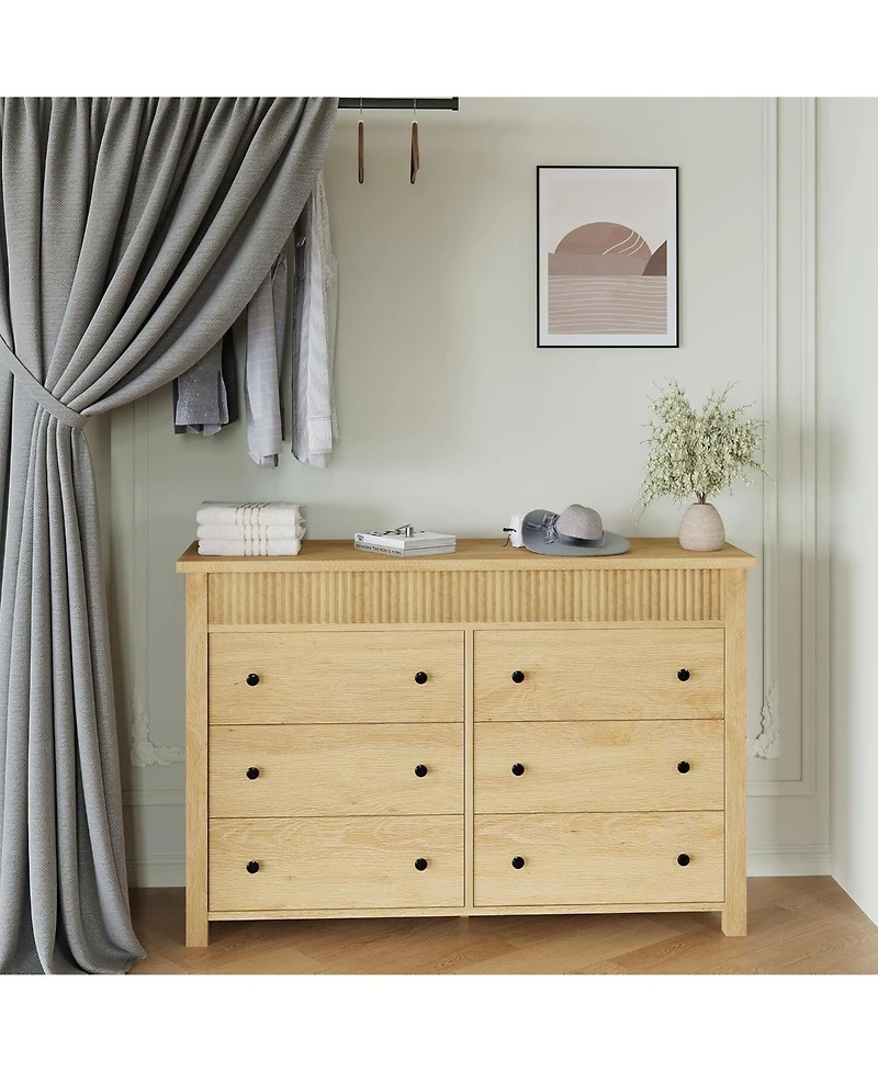 gaomon 6 Drawer Dresser for Bedroom, Wooden Chest of Drawers, Fluted Tv Stand Storage Organizer for Living Room, Hallway and Entryway, Natural Oak