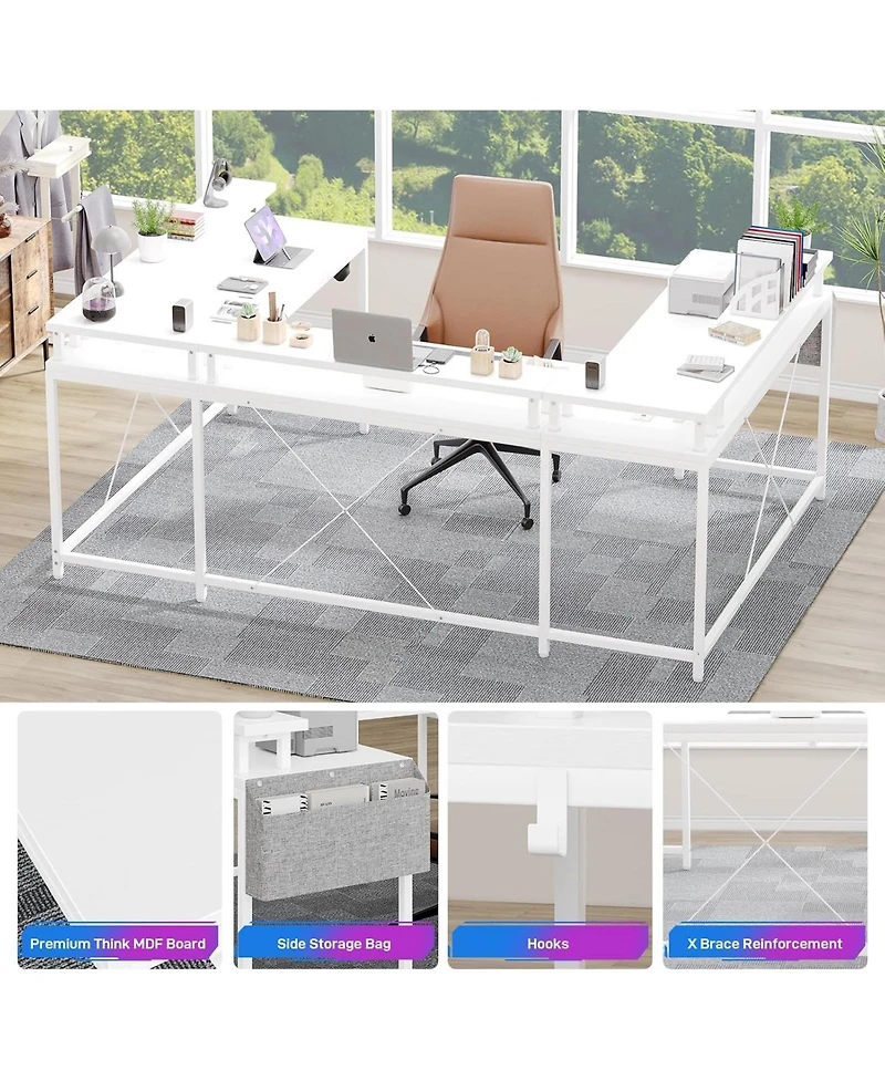 gaomon 78" White U-Shaped Computer Desk with Power Outlets & Rgb Led, Reversible L-Shaped Home Office Desk