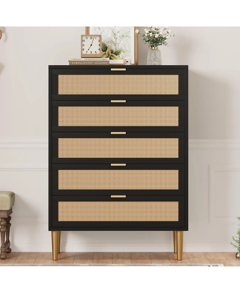 gaomon 5-Drawer Rattan Dresser, 44" Tall, Farmhouse Wood Vertical Chest with Metal Legs & Handles, Bedroom, Living Room, Black