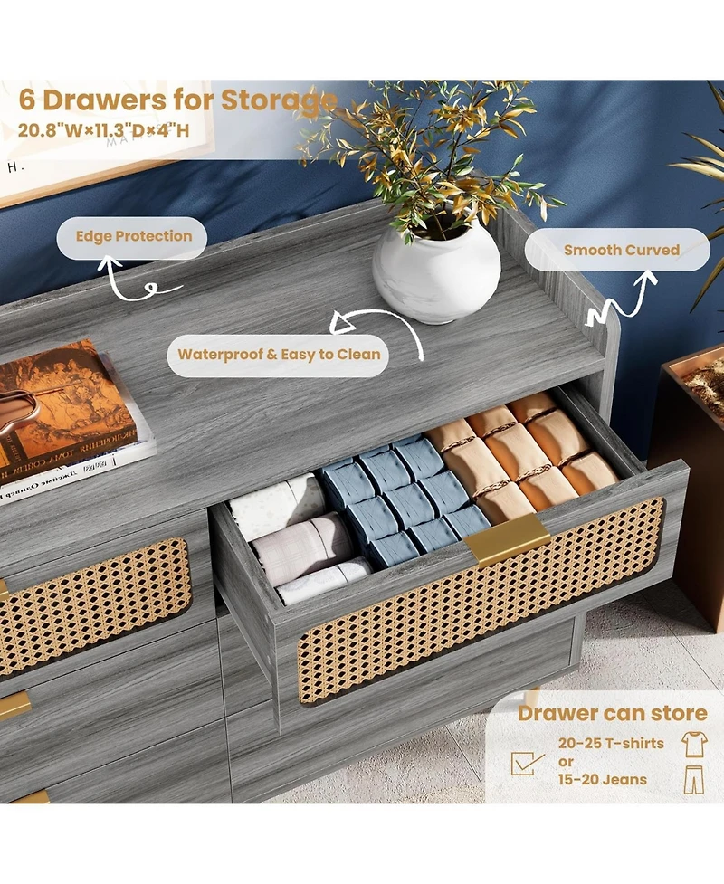 gaomon 6-Drawer Double Dresser, 47" Wide, Modern Wood Chest, Rattan Storage for Bedroom, Living Room, Hallway, Gray