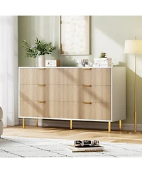 gaomon 6-Drawer Modern Natural Dresser, Gold Handle, Wide Double Chest, Large Drawer Storage Organizer for Bedroom, Living Room, Entryway