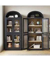 gaomon 71.4 Inch Arched Bookshelf with Glass Doors, Rustic Premium Wood Display Cabinet for Living Room, Black