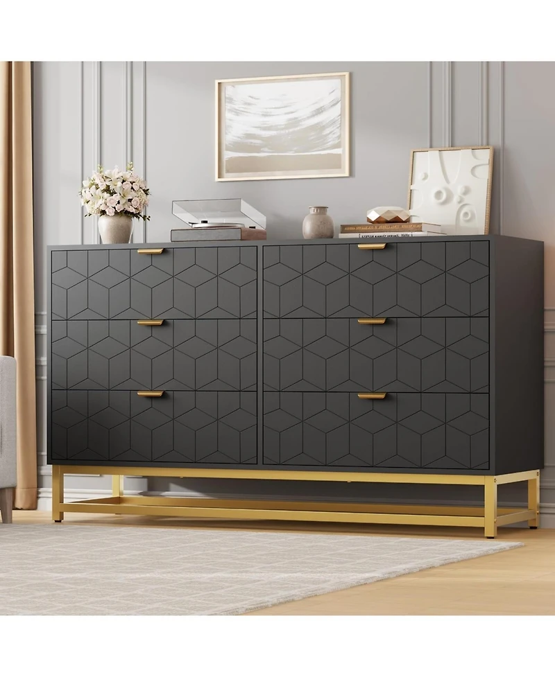 gaomon 53.5 Inch 6-Drawer Modern Dresser, Wide Chest with Gold Metal Legs & Handles, Storage for Bedroom, Living Room, Hallway