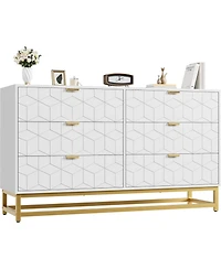 gaomon 53.5 Inch 6-Drawer Modern Dresser, Wide Chest with Gold Metal Legs & Handles, Storage for Bedroom, Living Room, Hallway, White
