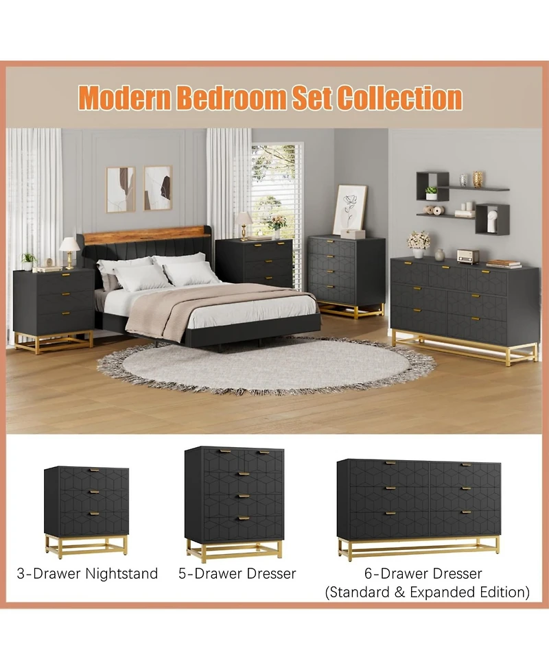 gaomon 47.2 Inch Black 6-Drawer Modern Dresser, Wide Chest, Gold Metal Legs & Handles, Storage for Bedroom, Living Room, Hallway