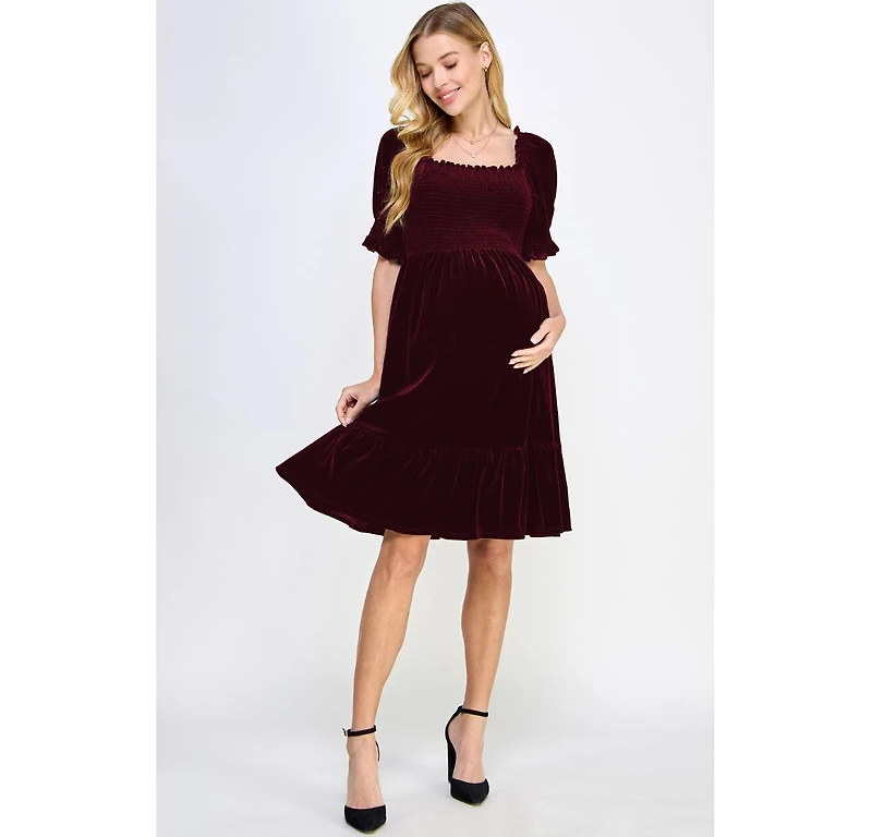 Hello Miz Maternity Velvet Empire Waist Puff Sleeve Smocked Neck Dress