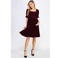 Hello Miz Maternity Velvet Empire Waist Puff Sleeve Smocked Neck Dress