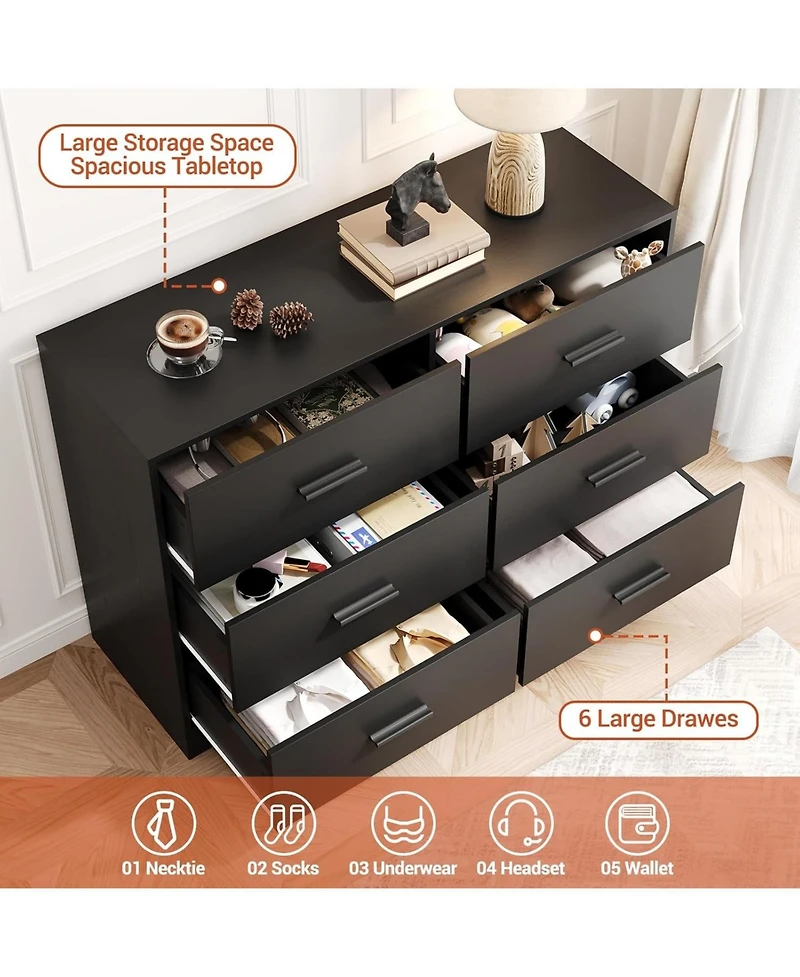 gaomon 6-Drawer Black Double Dresser 47" Wide, Modern Chest Tv Stand, Storage Cabinet with Metal Handles, Bedroom, Hallway