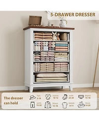 gaomon 5-Drawer White Freestanding Wooden Chest, 41.3" Tall, Brown Top, Vertical Dresser for Living Room, Bedroom