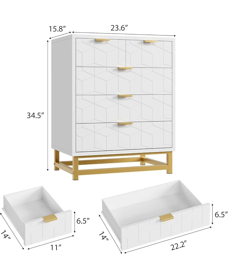 gaomon 5-Drawer White Bedroom Dresser with Metal Base, Modern Chest Cabinet Organizer for Living Room, Hallway, Closet