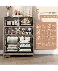 gaomon 5-Drawer Grey Modern Dresser, Tall Chest, Deep Drawers, Metal Knobs, Wooden Double Storage for Kids Bedroom, Entryway