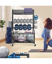 Mecale Yoga Mat Storage Rack, Steel Organizer with Hooks and Wheels for Dumbbells, Kettlebells and Fitness Accessories