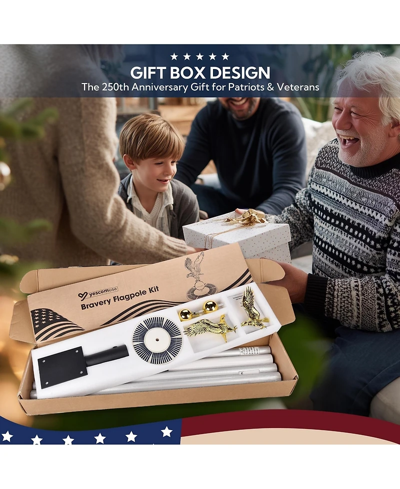 Yescom 25' Heavy Duty Flag Pole Kit with Solar Light & Deck Mount Bravery Mega 13 Gauge Aluminum Sectional Flagpole for Outdoor Patio Dock Side Silver