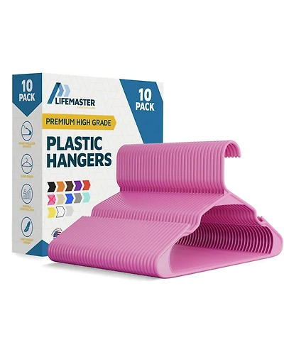 Lifemaster Heavy-duty pink plastic hangers with non-slip grooves, space-saving design, hold up to 5 lbs—ideal for clothes, dresses & coats