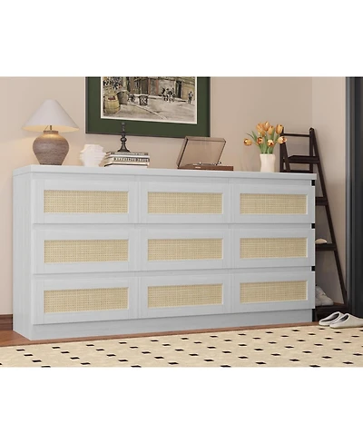 Rattan Dresser for Bedroom, 9 Drawer Dresser with Charging Station