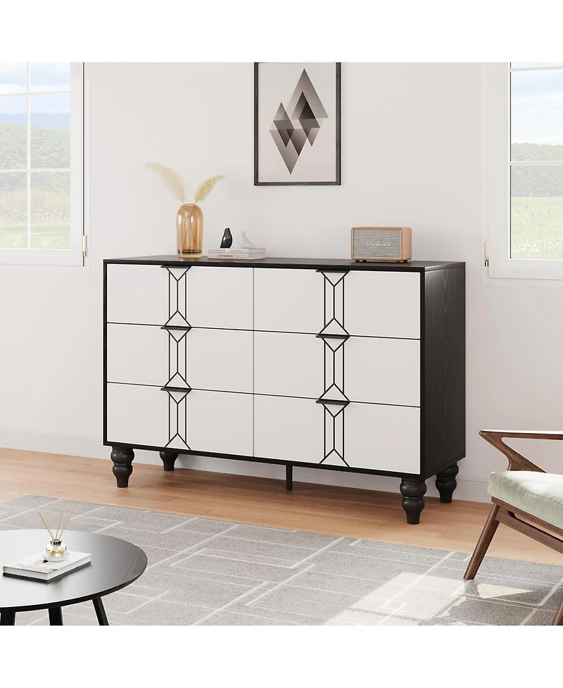 gaomon 6-Drawer Modern Wooden Dresser, Vintage Pattern Chest, Deep Drawers Bedroom Storage, Living Room, Entryway