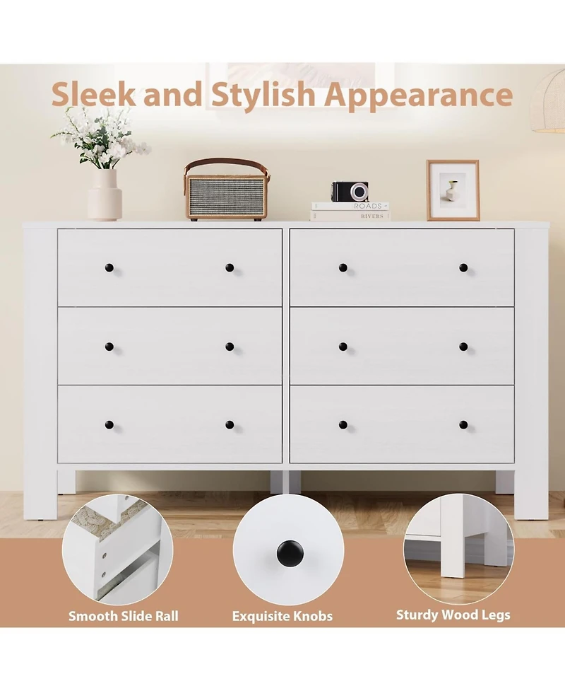 gaomon 6-Drawer White Modern Dresser, Large Chest, Deep Drawers, Metal Knobs, Double Storage for Kids Bedroom, Entryway, Hallway