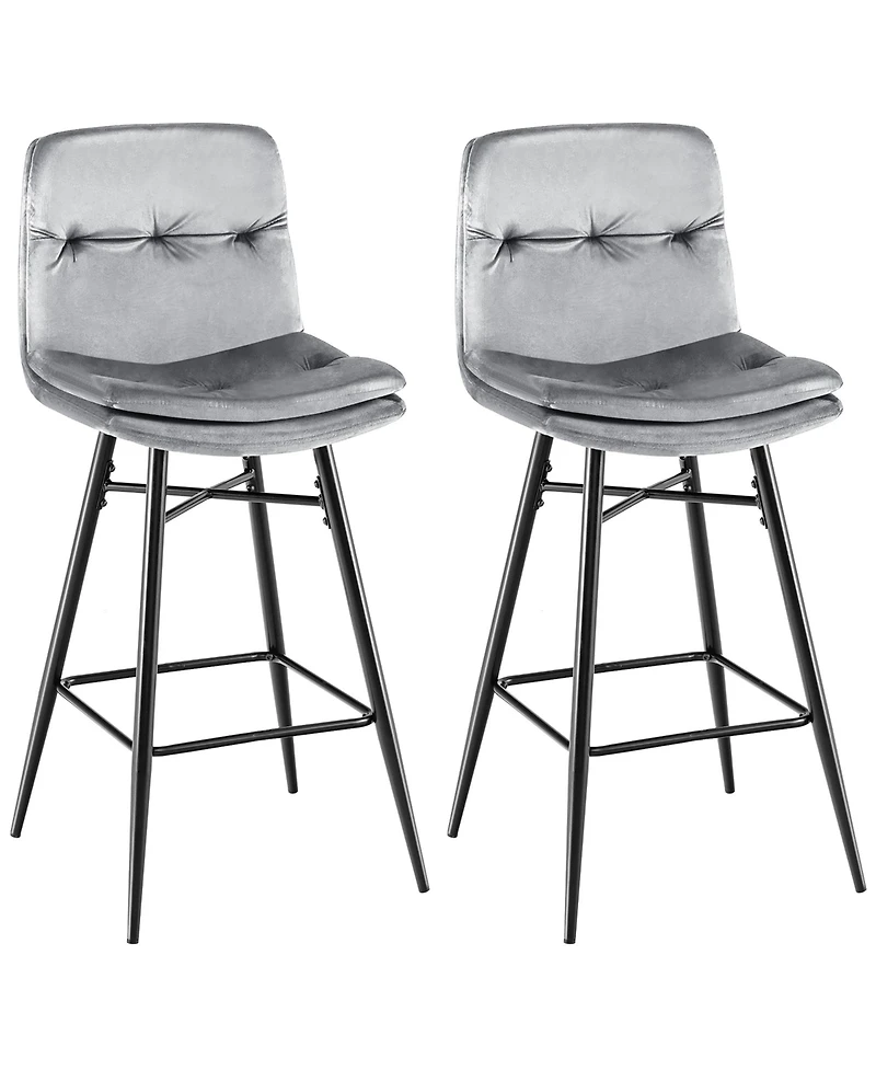 Costway Set of 2 Velvet Bar Stools Bar Height Kitchen Dining Chairs with Metal Legs