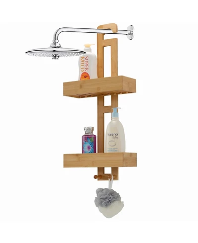 Basicwise Bathroom Multi-function Natural Bamboo Storage Rack Over Shower Head Organizer, Shower Ball, Shampoo, Conditioner, Soap Holder