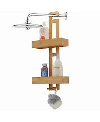 Basicwise Bathroom Multi-function Natural Bamboo Storage Rack Over Shower Head Organizer, Shower Ball, Shampoo, Conditioner, Soap Holder
