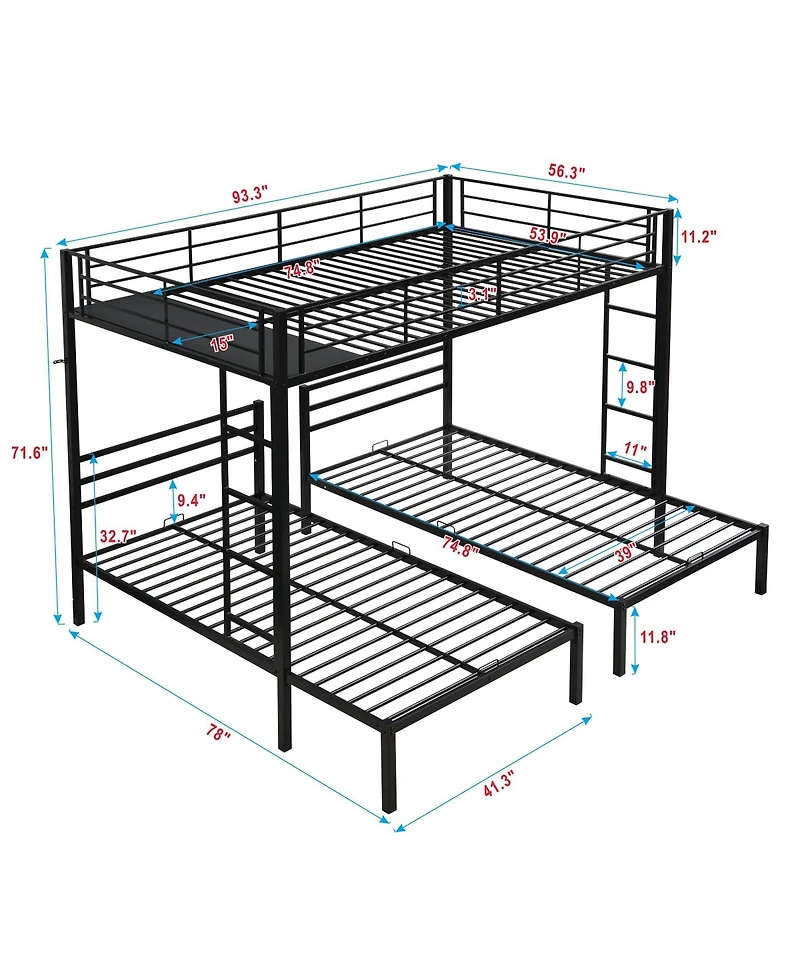 Boyel Living Full Over Twin Over Twin Triple Bunk Bed, Metal Frame Bunk Bed with Vertical Ladder & Safety Rails