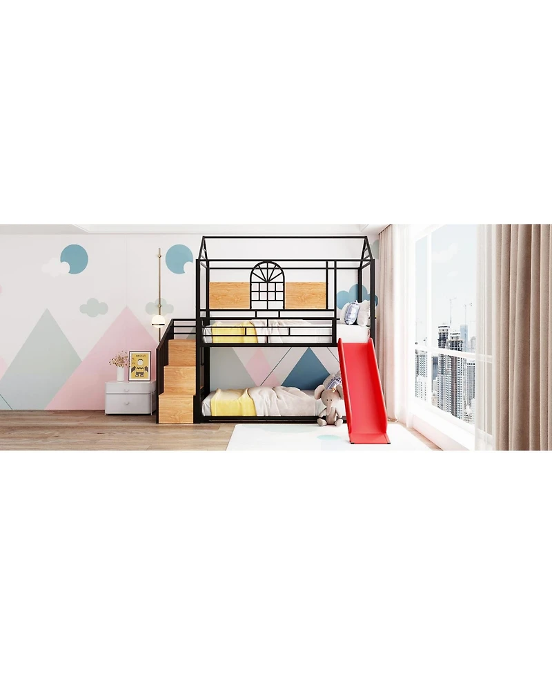 Streamdale Furniture Twin Bunk Bed with Slide and Storage Stairs, Black and Red