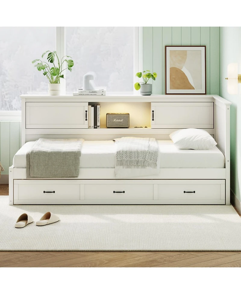 Streamdale Furniture L-Shaped Bed Frame with Drawer, Bookcase, Led, Usb - White, Full Size