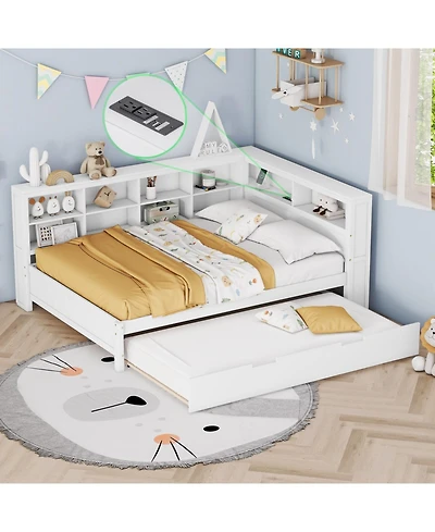 Streamdale Furniture Wooden Full Size Day Bed with Twin Trundle, Storage & Usb Ports, White