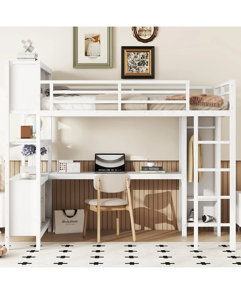 Streamdale Furniture White Metal Loft Bed with Wardrobe, Desk & Storage