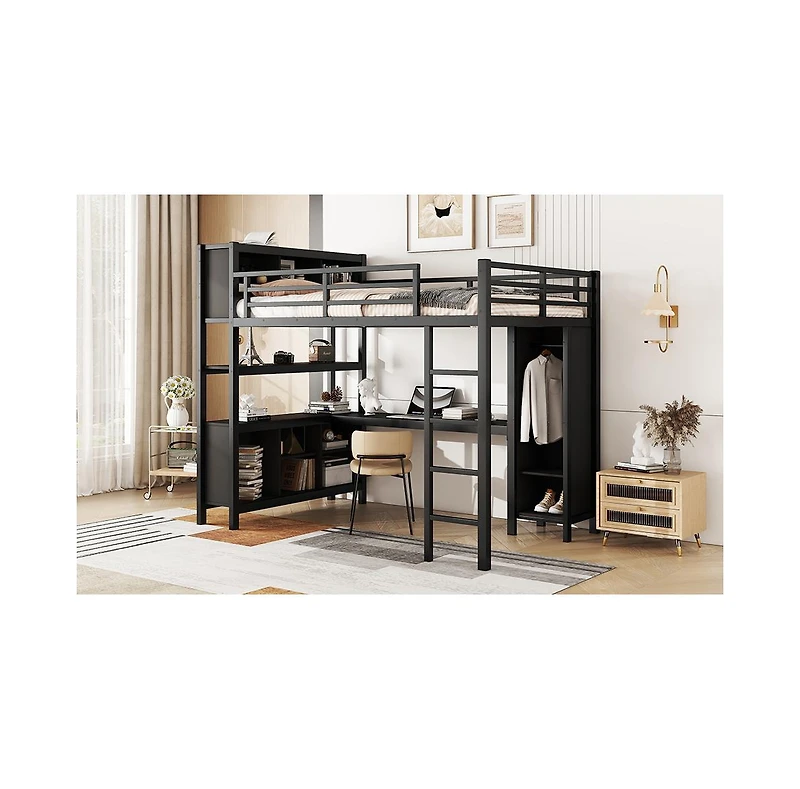 Streamdale Furniture Black Full Loft Bed Wardrobe, Desk & Storage
