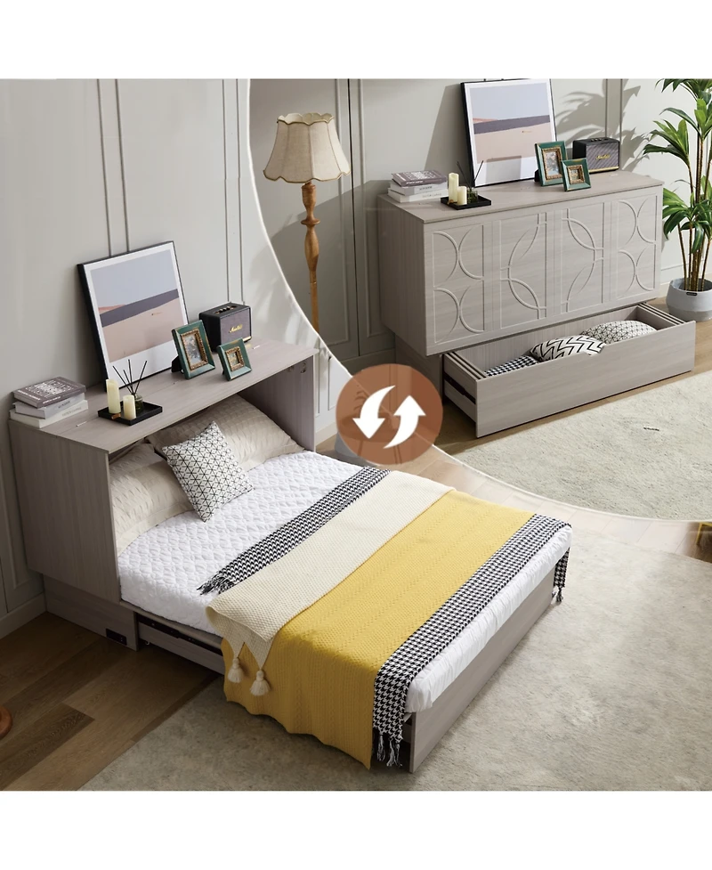 Streamdale Furniture Cabinet Bed Queen with Storage, Foam Mattress, Usb Ports