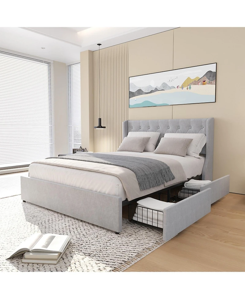 Streamdale Furniture Queen Size Bed Frame with 4 Storage Drawers and Wingback Headboard, Button Tufted Design, Light Grey