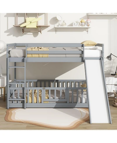 Streamdale Furniture Twin Over Twin Floor Bunk Bed with Slide, Ladder, Door, Safety Guardrails, Solid Pine Wood Bunk Bed