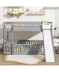 Streamdale Furniture Twin Over Twin Floor Bunk Bed with Slide, Ladder, Door, Safety Guardrails, Solid Pine Wood Bunk Bed